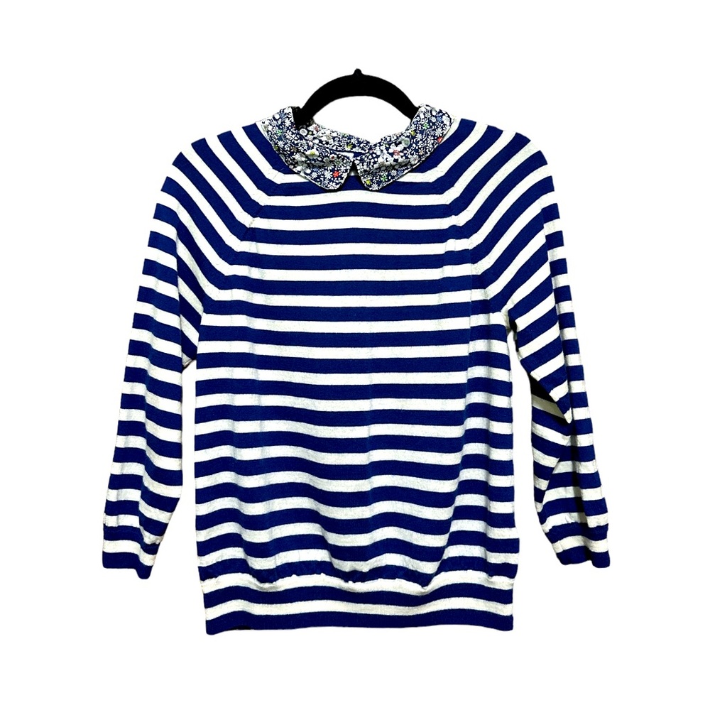 J. Crew Floral Collared Merino Wool Striped Slightly Cropped Sweater